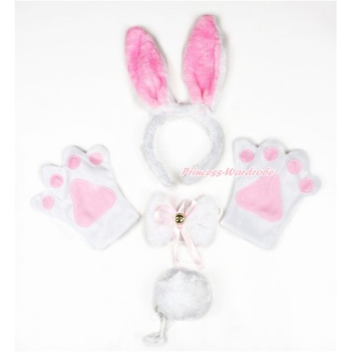 White Bunny Rabbit 4 Piece Set in Ear Headband, Tie, Tail , Paw PC056 