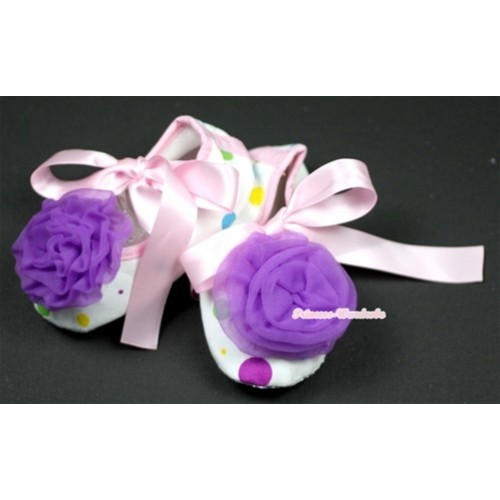 White Rainbow Polka Dots Crib Shoes with Light Pink Ribbon with Dark Purple Rosettes S494 