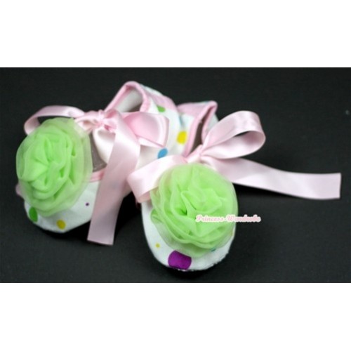 White Rainbow Polka Dots Crib Shoes with Light Pink Ribbon with Light Green Rosettes S495 