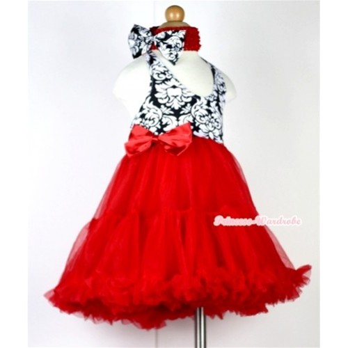 Red Damask with ONE-PIECE Petti Dress with Red Satin Bow with Red Headband Damask Satin Bow LP16 