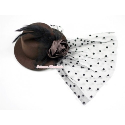 Black Feather and Polka Dots net Brown Hat Clip with Brown Rose H521 