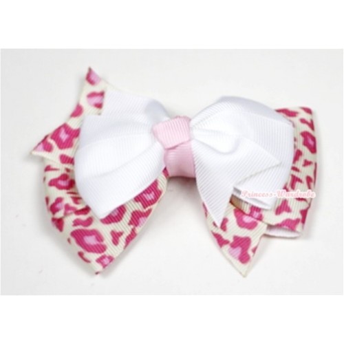 White Light Pink Leopard Ribbon Bow Hair Clip H522 