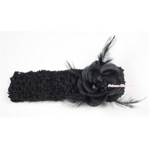 Black Headband with Black Rosettes Feather Hair Clip H530 