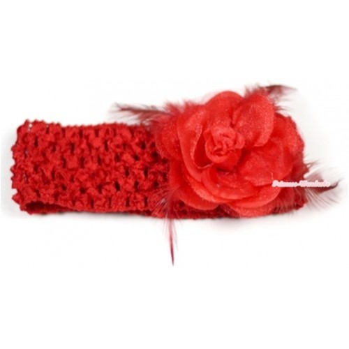 Red Headband with Red Rosettes Feather Hair Clip H531 