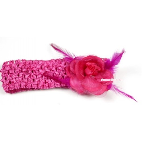 Hot Pink Headband with Hot Pink Rosettes Feather Hair Clip H532 