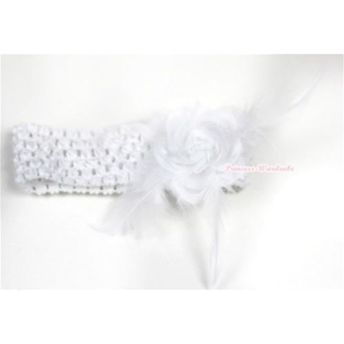 White Headband with White Rosettes Feather Hair Clip H533 