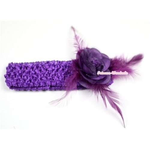 Dark Purple Headband with Dark Purple Rosettes Feather Hair Clip H535 