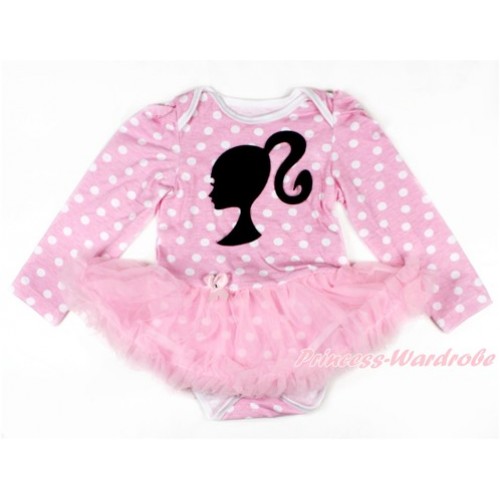 Light Pink White Dots Long Sleeve Baby Bodysuit Jumpsuit Light Pink Pettiskirt With Barbie Princess Print JS2615 