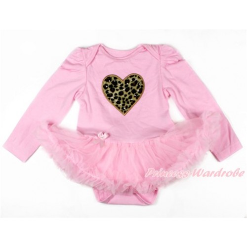 Light Pink Long Sleeve Baby Bodysuit Jumpsuit Light Pink Pettiskirt With Leopard Heart Print JS2642 