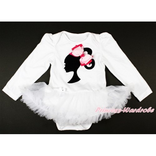 White Long Sleeve Baby Bodysuit Jumpsuit White Pettiskirt With Barbie Princess Print & Light Hot Pink Ribbon Bow JS2654 
