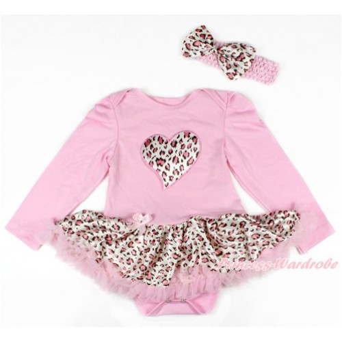 Light Pink Long Sleeve Baby Bodysuit Jumpsuit Light Pink Leopard Pettiskirt With Light Pink Leopard Heart Print & Light Pink Headband Light Pink Leopard Satin Bow JS2686 