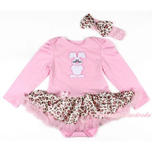 Light Pink Long Sleeve Baby Bodysuit Jumpsuit Light Pink Leopard Pettiskirt With Bunny Rabbit Print & Light Pink Headband Light Pink Leopard Satin Bow JS2695 