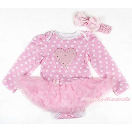 Light Pink White Dots Long Sleeve Baby Bodysuit Jumpsuit Light Pink Pettiskirt With Light Pink Heart Print & Light Pink Headband Light Pink Silk Bow JS2707 