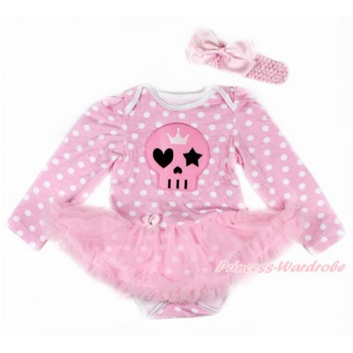 Light Pink White Dots Long Sleeve Baby Bodysuit Jumpsuit Light Pink Pettiskirt With Light Pink Skeleton Print & Light Pink Headband Light Pink Silk Bow JS2708 