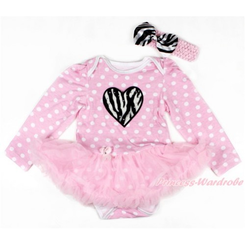 Light Pink White Dots Long Sleeve Baby Bodysuit Jumpsuit Light Pink Pettiskirt With Zebra Heart Print & Light Pink Headband Zebra Satin Bow JS2713 