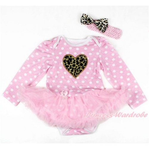 Light Pink White Dots Long Sleeve Baby Bodysuit Jumpsuit Light Pink Pettiskirt With Leopard Heart Print & Light Pink Headband Leopard Satin Bow JS2714 