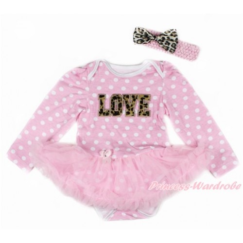 Light Pink White Dots Long Sleeve Baby Bodysuit Jumpsuit Light Pink Pettiskirt With Leopard LOVE Print & Light Pink Headband Leopard Satin Bow JS2715 