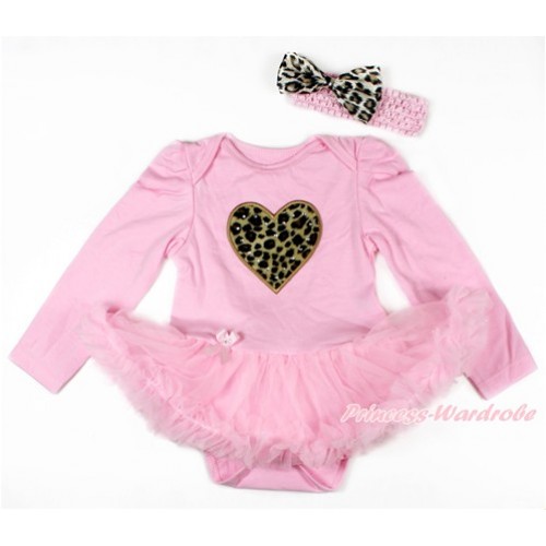 Light Pink Long Sleeve Baby Bodysuit Jumpsuit Light Pink Pettiskirt With Leopard Heart Print & Light Pink Headband Leopard Satin Bow JS2728 