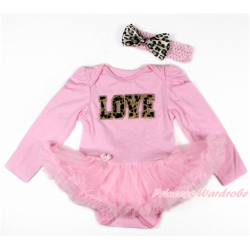 Light Pink Long Sleeve Baby Bodysuit Jumpsuit Light Pink Pettiskirt With Leopard LOVE Print & Light Pink Headband Leopard Satin Bow JS2729 
