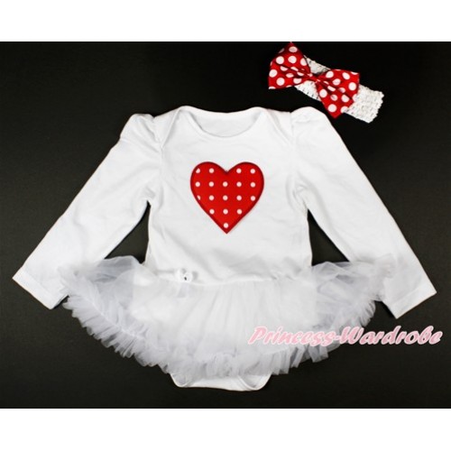 White Long Sleeve Baby Bodysuit Jumpsuit White Pettiskirt With Red White Dots Heart Print & White Headband Minnie Dots Satin Bow JS2733 