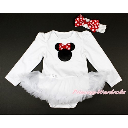 White Long Sleeve Baby Bodysuit Jumpsuit White Pettiskirt With Minnie Print & White Headband Minnie Dots Satin Bow JS2734 