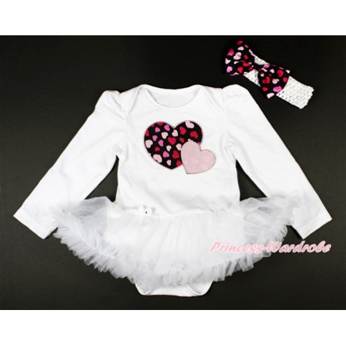Valentine's Day White Long Sleeve Baby Bodysuit Jumpsuit White Pettiskirt With Light Pink Sweet Twin Heart Print & White Headband Light Hot Pink Heart Satin Bow JS2736 