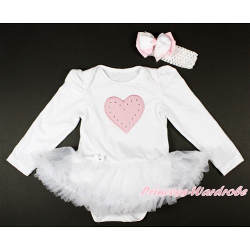 White Long Sleeve Baby Bodysuit Jumpsuit White Pettiskirt With Light Pink Heart Print & White Headband White Light Pink White Dots Ribbon Bow JS2738 