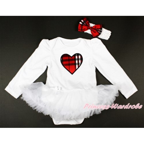White Long Sleeve Baby Bodysuit Jumpsuit White Pettiskirt With Red Black Checked Heart Print & White Headband Red Black Checked Satin Bow JS2739 