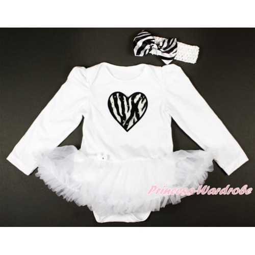 White Long Sleeve Baby Bodysuit Jumpsuit White Pettiskirt With Zebra Haert Print & White Headband Zebra Satin Bow JS2741 