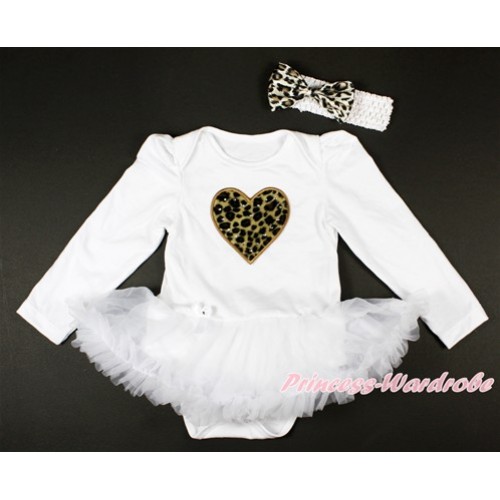 White Long Sleeve Baby Bodysuit Jumpsuit White Pettiskirt With Leopard Heart Print & White Headband Leopard Satin Bow JS2743 