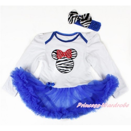 White Long Sleeve Baby Bodysuit Jumpsuit Royal Blue Pettiskirt With Sparkle Red Zebra Minnie Print & Royal Blue Headband Zebra Satin Bow JS2761 