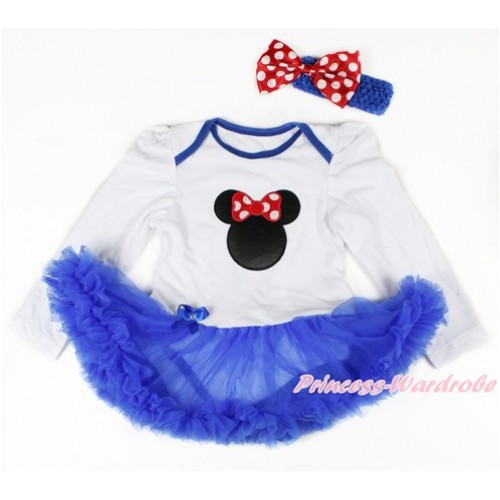 White Long Sleeve Baby Bodysuit Jumpsuit Royal Blue Pettiskirt With Minnie Print & Royal Blue Headband Minnie Dots Satin Bow JS2762 