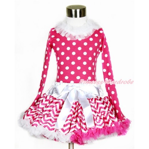 Hot Pink White Dots Long Sleeves Top with White Lacing Matching Hot Pink White Wave Pettiskirt MW418 
