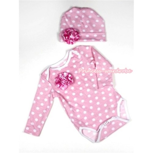 Light Pink White Polka Dots Long Sleeve Baby Jumpsuit with a Hot Pink White Polka Dots Rose with Cap Set LH272 