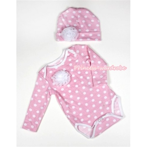 Light Pink White Polka Dots Long Sleeve Baby Jumpsuit with a White Rose with Cap Set LH273 