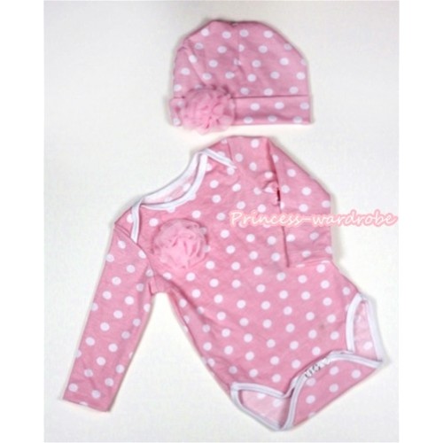 Light Pink White Polka Dots Long Sleeve Baby Jumpsuit with a Light Pink Rose with Cap Set LH274 