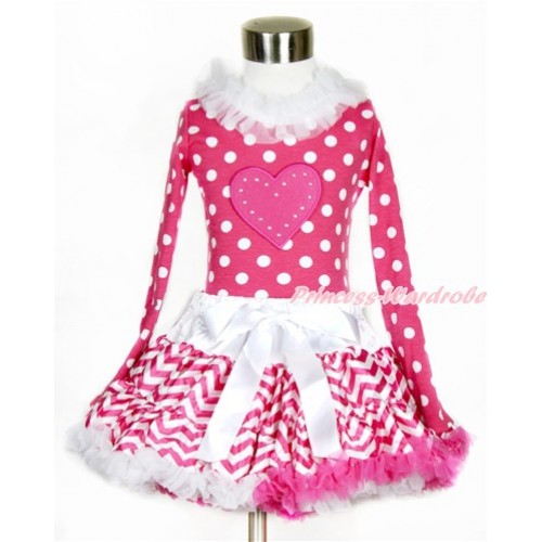 Hot Pink White Dots Long Sleeves Top with White Lacing with Hot Pink Heart Print With Hot Pink White Wave Pettiskirt MW420 