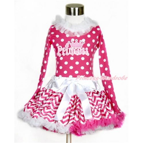Hot Pink White Dots Long Sleeves Top with White Lacing with Princess Print With Hot Pink White Wave Pettiskirt MW422 
