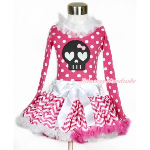 Hot Pink White Dots Long Sleeves Top with White Lacing with Black Skeleton Print With Hot Pink White Wave Pettiskirt MW423 