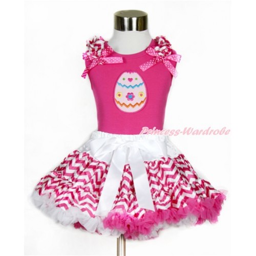 Hot Pink Tank Top with Hot Pink White Wave Ruffles & Hot Pink White Dots Bow with Easter Egg Print  & Hot Pink White Wave Pettiskirt MH144 