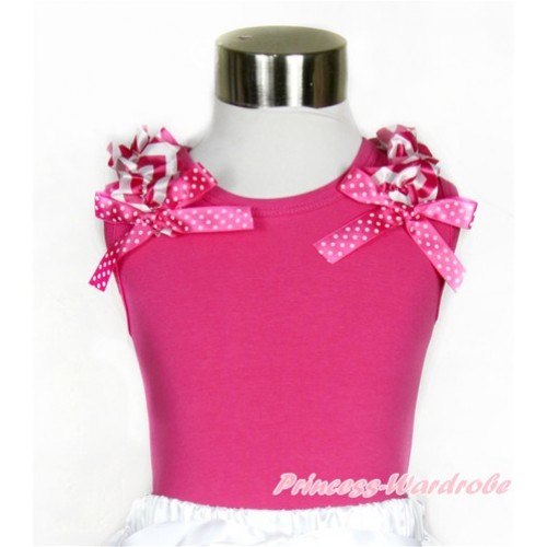 Hot PInk Tank Top with Hot Pink White Wave Ruffles Hot Pink White Dots Bow T543 