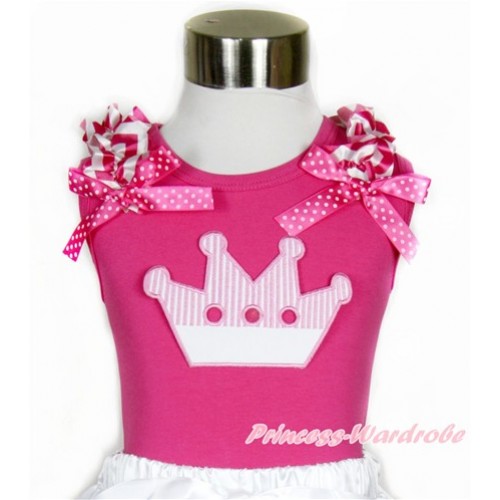 Hot Pink Tank Top With Hot Pink White Wave Ruffles & Hot Pink White Dots Bow With Crown Print TM245 
