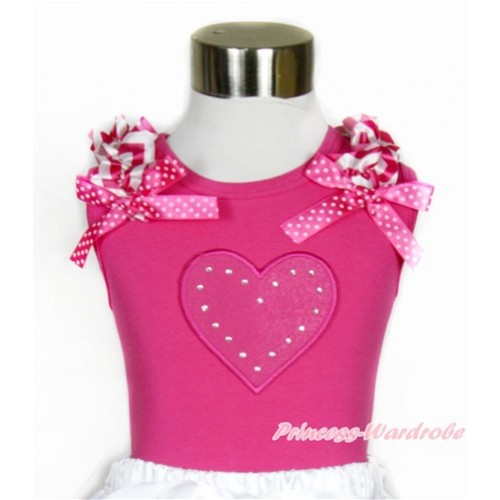 Hot Pink Tank Top With Hot Pink White Wave Ruffles & Hot Pink White Dots Bow With Hot Pink Heart Print TM246 