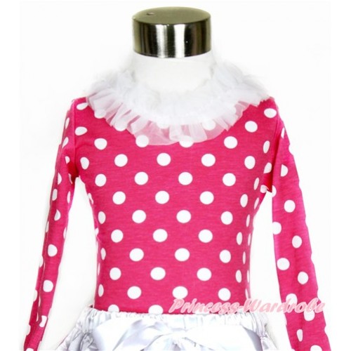 Hot Pink White Dots Long Sleeve Top with White Lacing T544 