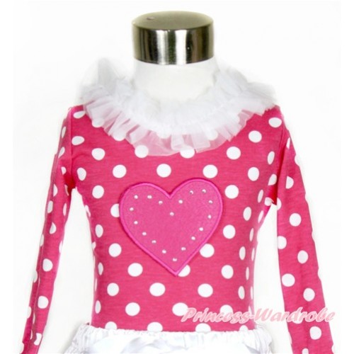 Hot Pink White Dots Long Sleeves Top with White Lacing With Hot Pink Heart Print T546 