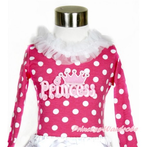 Hot Pink White Dots Long Sleeves Top with White Lacing With Princess Print T548 