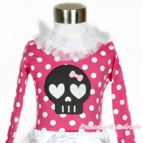 Hot Pink White Dots Long Sleeves Top with White Lacing With Black Skeleton Print T549 