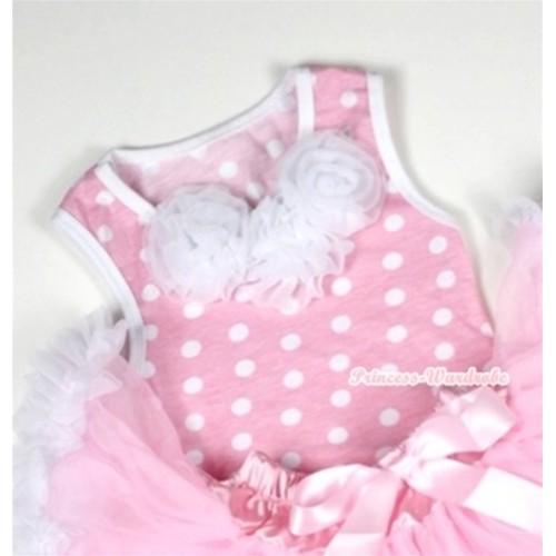 Light Pink White Dots Baby Pettitop with White Rosettes NT156 