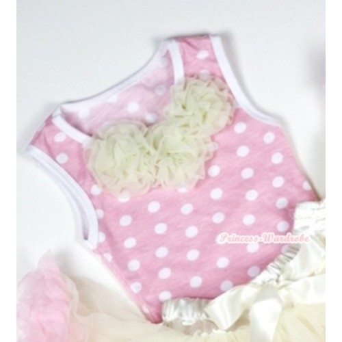Light Pink White Dots Baby Pettitop with Cream White Rosettes NT157 