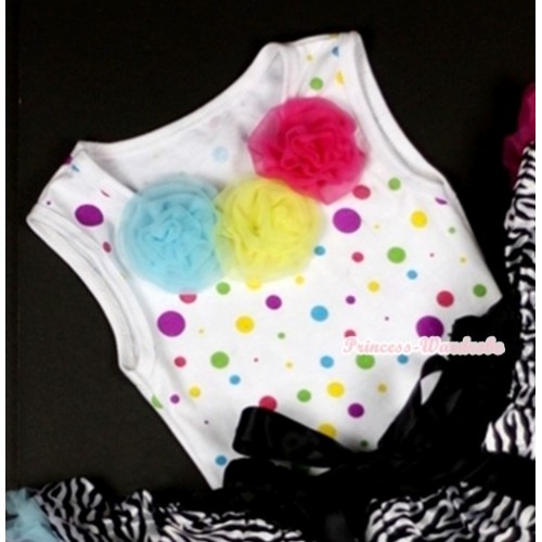 White Rainbow Dots Baby Pettitop with Light Blue Yellow Hot Pink Rosettes NT158 